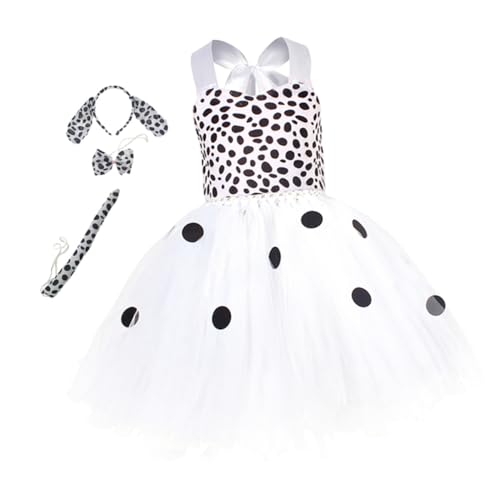 Healvian Kinderkostüm Set Geflecktes Mesh Kleid mit Hund Ohren Haarreif Fliege für Mädchen Atmungsaktives Ärmelloses Cosplay Kleid für Karneval Tanz und Festtage in Xl Jahre von Healvian