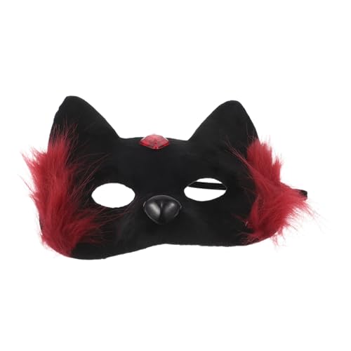 Healvian Plüsch Katzenmaske Halbgesicht Halloween Cosplay Maske für Erwachsene Rote Schwarze Tiergesichtsmaske für Party und Kostüm von Healvian