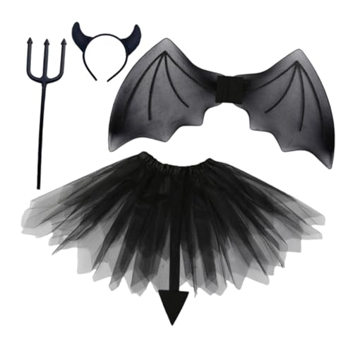 Healvian Teufel Cosplay Teilig Schwarzer Tüllrock Teufelshörner Haarreif Flügel Leichtes Halloween Kostüm Zubehör für Strapazierfähig von Healvian