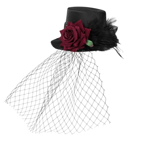 Healvian Vintage Roter Rosen Mesh Hut Clip Retro Kleiner Fascinator Festliche Haarspange für Damen und Herren Halloween Party Dekoration Schwarzer Schleier Haarschmuck von Healvian