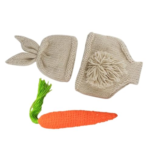 Healvian Wollstrick Kostüm Teilig Neugeborenen Fotografie Requisiten mit Hasenmütze Karottenhose Weiches Strickoutfit für Fotoshooting von Healvian