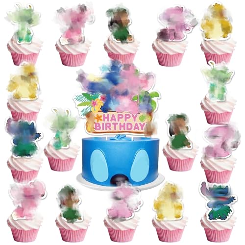 25 Stück Lilo Blau Tortendeko, Happy Birthday Tortendeko Kuchen Deko Geburtstagsdeko Geschenke Schulkind Cupcake Topper Geburtstag Deko für Mädchen Jungen Kinder von Heartsking