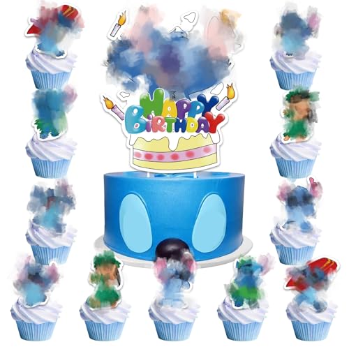 25 Stück Lilo Tortendeko, Blau Happy Birthday Tortendeko Kuchen Deko Geburtstagsdeko Geschenke Schulkind Cupcake Topper Geburtstag Deko für Mädchen Jungen Kinder Cake Toppers Sti 25 Pcs von Heartsking