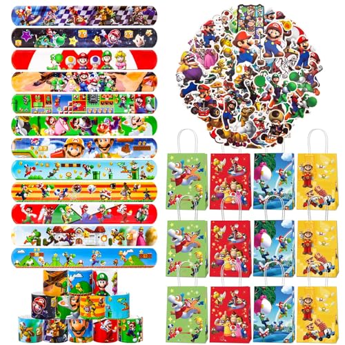 74Pcs Mitgebsel Kindergeburtstag, Geburtstag Deko Super Geburtstagsdeko Mitgebsel Party Dekoration Geburtstag 12 Schnapparmband Kinder 12 Bros Geburtstagstüten 50 Aufkleber für Geburtstags von Heartsking