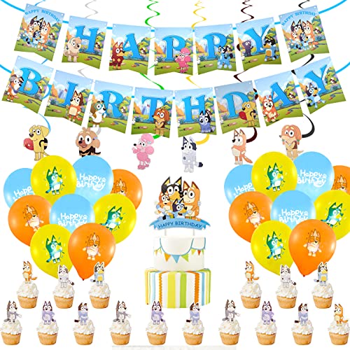 Birthday Geburtstagsdeko, 50 Stück Dog Zubehör für Geburtstagsfeiern Blue Geburtstag Dekoration Inklusive Happy Birthday Banner, Tortenaufsatz, Balloon,Spiralförmige Dekoration von Heartsking