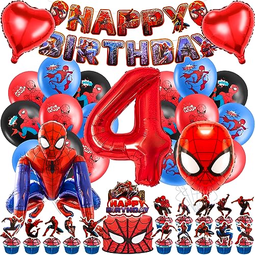 Geburtstagsdeko 4 Jahre, 3D Spider Luftballon Kindergeburtstag Deko Geburtstag, Kinder Party Deko, Tortendeko, Happy Birthday Banner für Jungen, Mädchen, Kinder, Thema Party von Heartsking