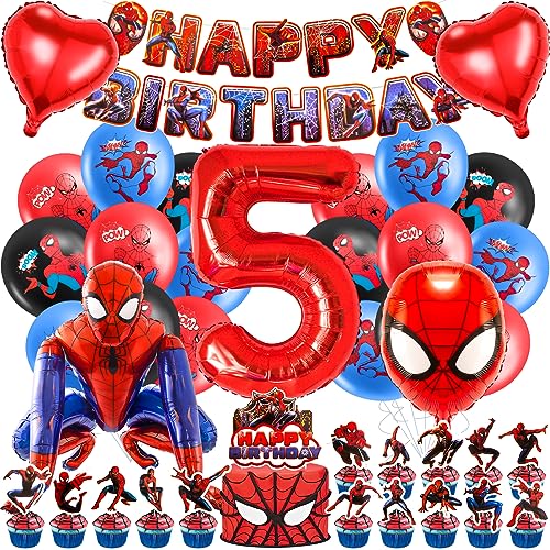 Geburtstagsdeko 5 Jahre, 3D Spider Luftballon Kindergeburtstag Deko Geburtstag, Kinder Party Deko, Tortendeko, Happy Birthday Banner für Jungen, Mädchen, Kinder, Thema Party von Heartsking