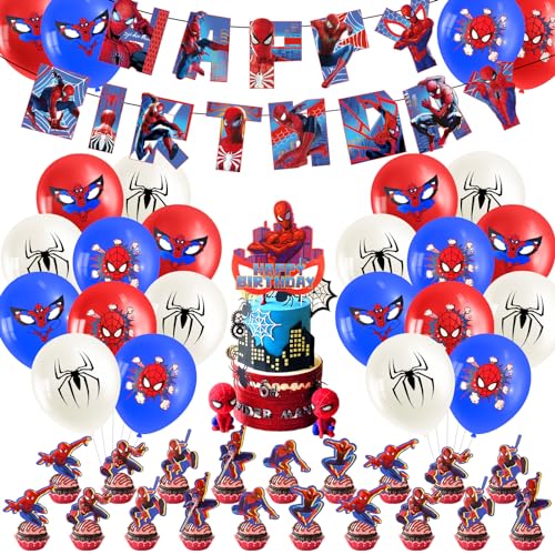 Geburtstagsdeko Junge, 46 Stück Spider Deko Geburtstag Kinder Spider Party Deko mit Geburtstag Banner, Kuchen Deko Luftballons für Mädchen Junge von Heartsking