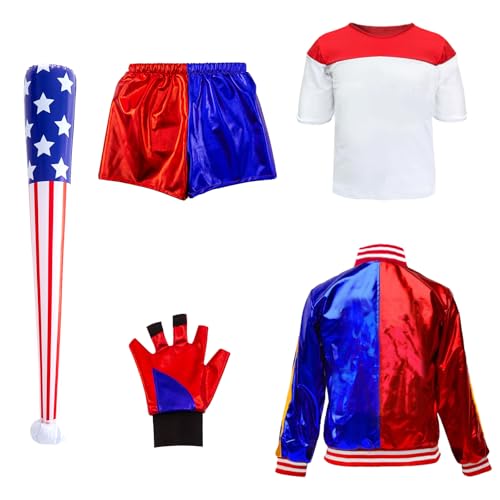 Quinn Kostüm Kinder, Squad Kostüm Halloween Mädchen Kostüm Harlekin Kostüm Damen mit Jacke T-shirt Shorts Handschuhe Baseballschläger für Karneval Cosplay Kostüme von Heartsking