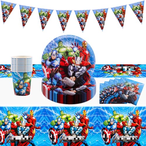 Heartsking Birthday Party Tableware 52 Stück Superhelden Geburtstag Deko PartygeschirrSet, Geschirrset mit Avengers Party Pappteller Becher Servietten Tischdecke Trinkhalme von Heartsking