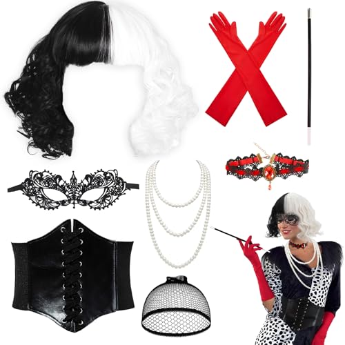 Heartsking Cruella Devil Kostüm Damen, Cruella Kostüm Mit Roten Vintage Handschuhe, 70er Jahre Bekleidung Damen, Cruella Devil Zauberin Kostüm Damen für Halloween Karneval Kostüm Cosplay Heartsking Cruella Devil Kostüm Damen, Cruella Kostüm Mit Roten Vintage Handschuhe, 70er Jahre Bekleidung Damen, Cruella Devil Zauberin Kostüm Damen für Halloween Karneval Kostüm Cosplay von Heartsking