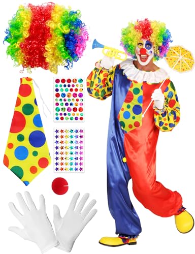 5 Stück Clown Kostüm Accessoire für Kinder Damen Herren, Regenbogen Clown Perücke+Clownsnase Rot+Bunte Krawatte+Handschuhe+Aufkleber, Geeignet Kostümzubehör für Karneval Ostern EIN clownkostüm von Heartsking