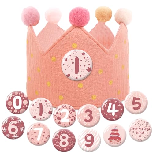 Heartsking Geburtstagskrone Junge & Mädchen, Musselin Krone Geburtstag Zweifarbig, Kinder Geburtstagskrone mit Zahlen von 0-9, Partyhüte Party Deko, für den Kindergeburtstag (Rosa) von Heartsking