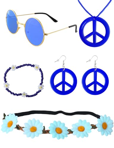 Heartsking Hippie Accessoires, Hippie Kostüm Damen 5 Stück Blau 70er Jahre Accessoires, Flower Power Accessoires Zubehör, 60er 70er Kostüm Zubehör für Halloween Mottopartys Disco Party Heartsking Hippie Accessoires, Hippie Kostüm Damen 5 Stück Blau 70er Jahre Accessoires, Flower Power Accessoires Zubehör, 60er 70er Kostüm Zubehör für Halloween Mottopartys Disco Party von Heartsking
