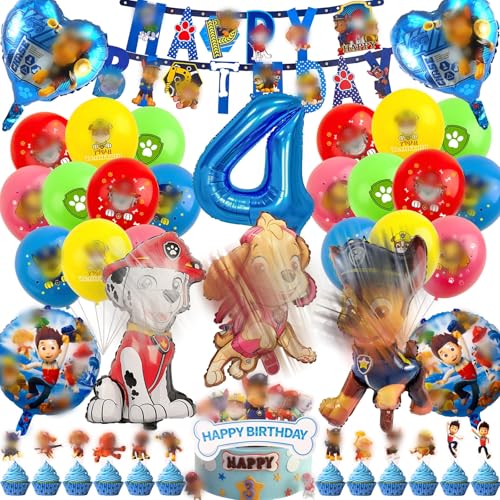 Kindergeburtstag Deko 4 Jahre, 42 Stück Dog Geburtstag Deko Geburtstagsdeko 4 Jahre Junge Geburtstag Dekorieren Cartoon Dog Folienballon, Happy Birthday Banner, Tortendeko von Heartsking