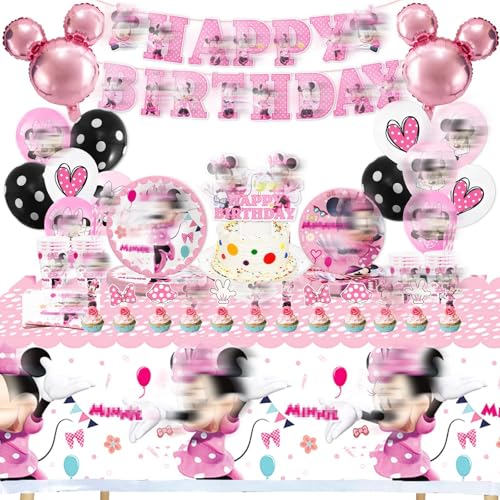Kindergeburtstag Partygeschirr Set, 101 Stück Mouse Geburtstagsdeko Baby Geburtstags Deko, Rosa Mädchen Geschirr Set Luftballons Servietten Pappteller Pappbecher Tischdecke(für 10 Kinder) von Heartsking