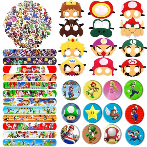 Mitgebsel Kindergeburtstag, 86 Pcs Mitgebsel Spielzeug Geburtstagsdeko 12 Masken 12 Abzeichen 12 Mario Schnapparmband Kinder 50 Aufkleber Geburtstag Deko Spielzeug Set Festival Zubehör Gadget Kinder von Heartsking