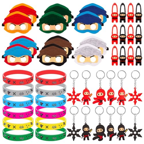 Mitgebsel Kindergeburtstag, Geburtstagsdeko Mitgebsel Geburtstag Deko 12 Ninja Masken 12 Silikon Armbänder 12 Schlüsselschnalle 12 Dehnbare Fliegende Spielzeug Warrior Themed Party für Jungen Kinder von Heartsking