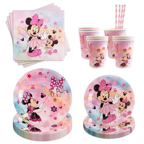 Partygeschirr Kindergeburtstag, 90 Stück Minnie Mouse Geburtstagsdeko Baby Geburtstags Geschirr Deko, Rosa Mädchen Geschirr Set, Kindergeburtstag Deko Servietten Pappteller Pappbecher für 10 Kinder von Heartsking