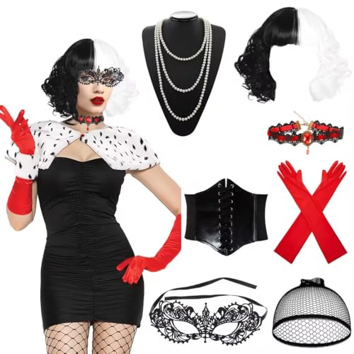 Cruella Kostüm Damen, Halloween Kostüm Damen 70er Jahre Accessoires Perücke Schwarz Weiß mit Spitze Maske, Handschuhe, Perlenkette Halskette, Gürtel für Karneval Halloween Accessoires Damen Cosplay Cruella Kostüm Damen, Halloween Kostüm Damen 70er Jahre Accessoires Perücke Schwarz Weiß mit Spitze Maske, Handschuhe, Perlenkette Halskette, Gürtel für Karneval Halloween Accessoires Damen Cosplay von Heartsking