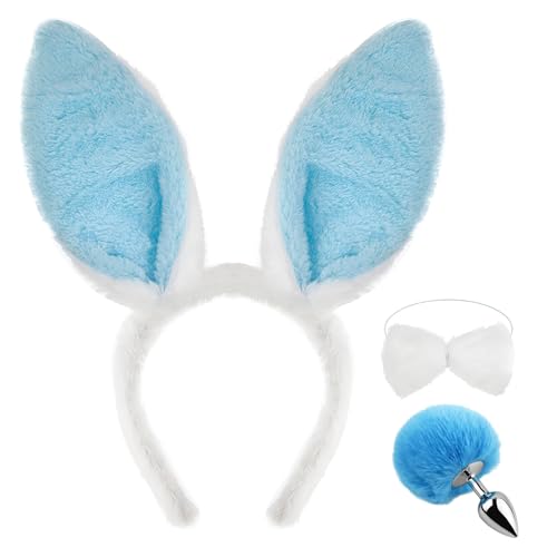 Heavelove Hasenohren, 3-teiliges Hasenkostüm-Set, Hasenohren mit Fliege und Schwanz, Hasenohren für Damen, Blau Heavelove Hasenohren, 3-teiliges Hasenkostüm-Set, Hasenohren mit Fliege und Schwanz, Hasenohren für Damen, Blau von Heavelove