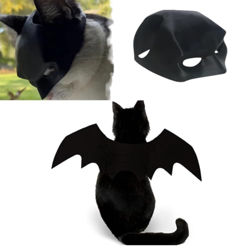 Heavelove Katze Fledermaus Maske mit Haustier Katze Fledermaus Flügel Halloween Kostüme Zubehör für Katzen Niedliche Welpen Katze Dress Up Zubehör (M) von Heavelove