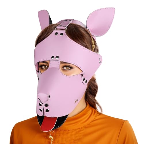 Punk Leder Hollow Out Vollgesichtsmaske Handgemachte Hundemaske Cosplay Steampunk Halloween Kostüm Requisiten (Rosa) von Heavelove