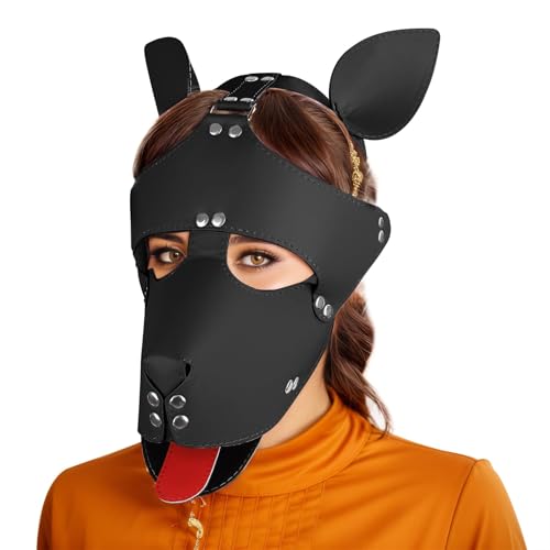 Punk Leder Hollow Out Vollgesichtsmaske Handgemachte Hundemaske Cosplay Steampunk Halloween Kostüm Requisiten (Schwarz) von Heavelove