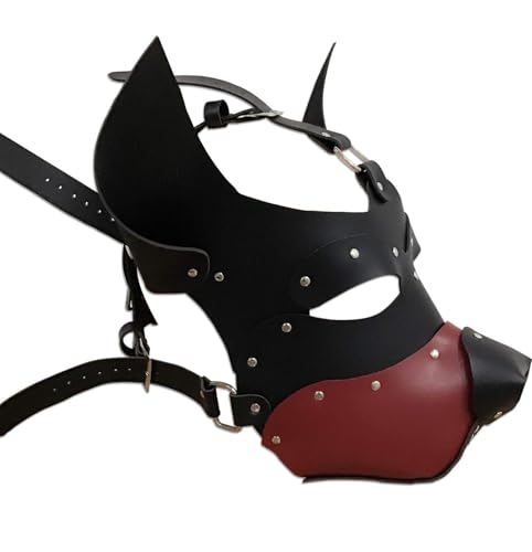 Punk Leder Hollow Out Vollgesichtsmaske Handgemachte Hundemaske Cosplay Steampunk Halloween Kostüm Requisiten (Schwarz/Rot) von Heavelove