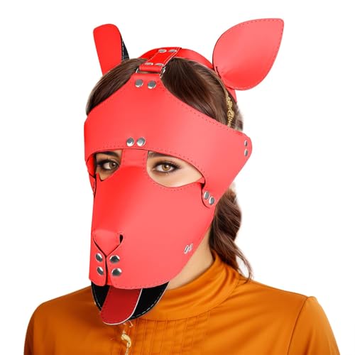 Punk-Leder-Vollgesichtsmaske, handgefertigt, für Cosplay, Steampunk, Halloween-Kostüm, Requisiten (rot) von Heavelove