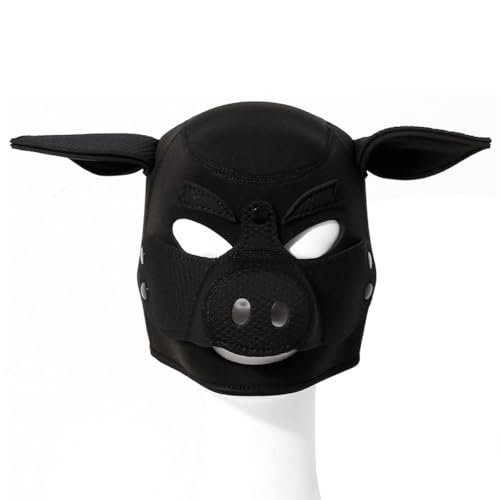 Schweinemaske, Tierkopf, Welpenhaube, Ledermaske für Partyspiele, Halloween-Masken, Kostüm, Vollgesicht, Valentinstag, Haustierspiel für Männer und Frauen (Schwarz) von Heavelove