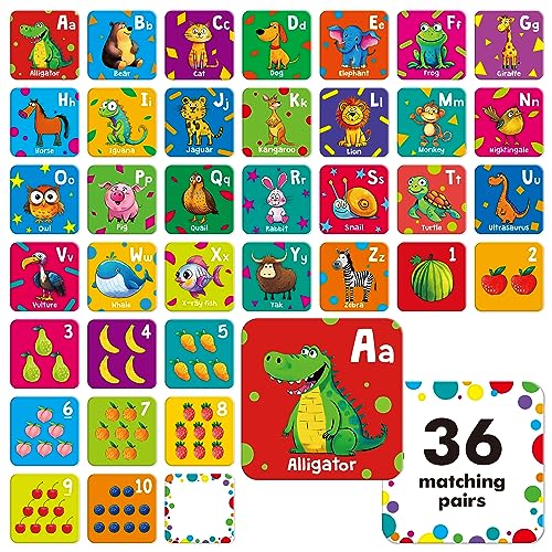 Hebayy 72 STÜCK Memory Matching Spiel, Alphabet & Zahlen Matching Karten für Kleinkinder 36 Paare Memory Karten für Vorschulkinder 4 5 6 Jahre Alt von Hebayy