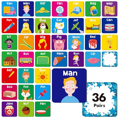 CVC-Wort-Matching-Spiel, 72 PCS CVC-Wort-Gedächtniskarten für Kleinkinder, 36 Paare Gedächtniskarten, Lernspielzeug für Vorschulkinder 4 5 6 Jahre alt von Hebayy