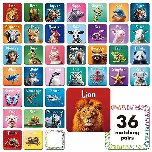 Hebayy 72 STÜCK Memory Matching Spiel, Matching-Karten mit echten Tieren für Kleinkinder, 36 Paare Memory-Karten für Vorschulkinder im Alter von 4, 5, 6 Jahren von Hebayy
