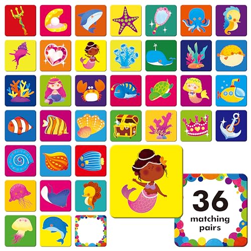 Hebayy 72 Stück Mermaid World Memory Matching Game, Marine World Matching Karten für Kleinkinder, 36 Paare Prinzessin/Diamant/Tier Memory Karten, pädagogisches Spielzeug für Vorschulkinder im Alter von Hebayy