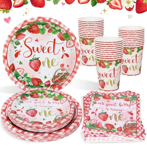 Heboland 1 Geburtstag Mädchen Deko Pappteller Set, 80pcs Erdberre Pappteller Pappbecher Servietten für 1. Geburtstag, 20 Gäste von Heboland