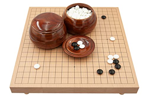 Hebsacker Verlag - Go-Set Buchenfurnier-Tischbrett (19x19, 36mm mit Füßen) mit Yunzi-Steinen und Holzdosen von Hebsacker Verlag
