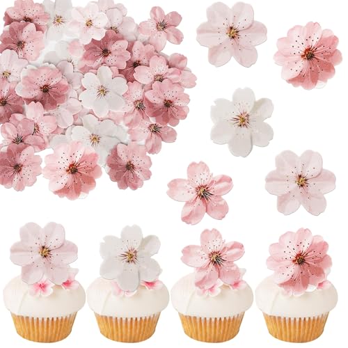 Essbare Sakura-Kuchendekorationen, 50 Stück essbare Sakura-Cupcake-Dekorationen, essbare Blumen für Kuchen und Muffins, Blumendekorationen für Hochzeiten und Geburtstage, Party-Kuchendekorationen von HecticCore