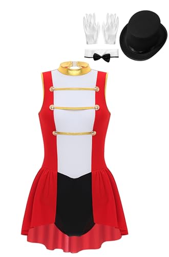 Hedmy 4 Stück Damen Zirkus Kostüm Body mit Stehkragen Zirkusdirektorin Kostüm Glitzer Bodysuit Mütze Krawatte Handschuhen B Rot 4XL von Hedmy