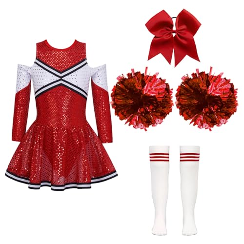 Hedmy Cheer Leaderin Kostüm Kinder Mädchen Fasching Cheerleading Karneval Partykleid mit Pompoms Kopfschmuck und Socken Ein Rot 134-140 von Hedmy