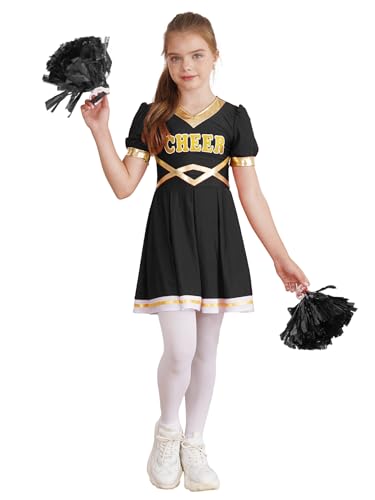 Hedmy Cheerleadering Kostüm Kinder Mädchen Uniform Tanzkleid mit 2 Pompoms Karneval Party Uniform Schuloutfit Schwarz 158-164 von Hedmy