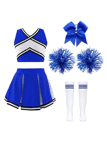 Hedmy Cheerleadering Kostüm Mädchen Cheer Uniform mit Pompons Socken und Kopfschmuck für Fancy Dress Halloween B Blau 146-152 von Hedmy