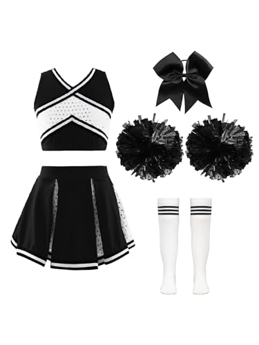 Hedmy Cheerleadering Kostüm Mädchen Cheer Uniform mit Pompons Socken und Kopfschmuck für Fancy Dress Halloween Ein Weiß&Schwarz 98-104 von Hedmy