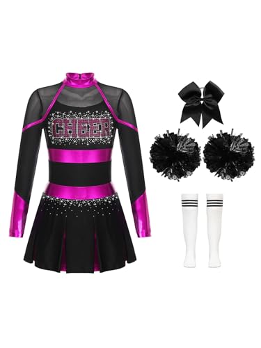 Hedmy Cheerleadering Kostüm Mädchen Tanzkleid Glitzer Langarm Tanzkostüm Minikleid mit Pompons Socken und Kopfschmuck Pink und Weiß 122-128 von Hedmy