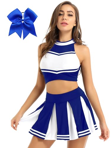 Hedmy Cheerleaderkostüm Damen Cheerleaderin Halloween Fasching Tanzkleidung Minirock mit Crop Top und Kopfbedeckung Blau L von Hedmy