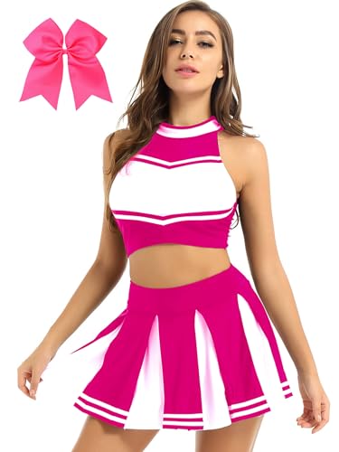 Hedmy Cheerleaderkostüm Damen Cheerleaderin Halloween Fasching Tanzkleidung Minirock mit Crop Top und Kopfbedeckung Hot Pink XL von Hedmy