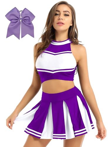 Hedmy Cheerleaderkostüm Damen Cheerleaderin Halloween Fasching Tanzkleidung Minirock mit Crop Top und Kopfbedeckung Violett M von Hedmy