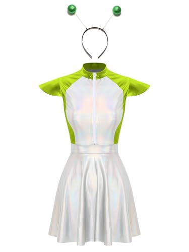 Hedmy Damen Alien Kostüm Space Girl Kleid Pailletten Tüll Rock mit Stirnband Fasching Karneval Cosplay Verkleidung Grün L von Hedmy