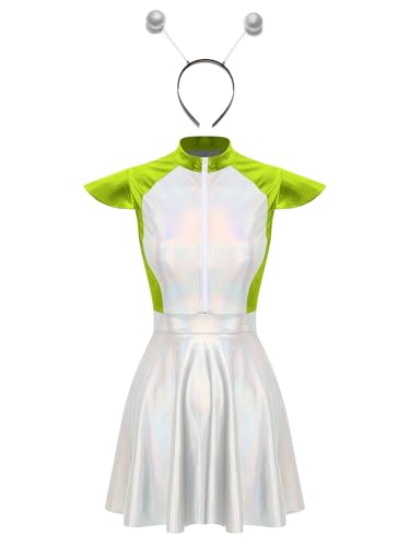 Hedmy Damen Alien Kostüm Space Girl Kleid Pailletten Tüll Rock mit Stirnband Fasching Karneval Cosplay Verkleidung Silbergrün XXL von Hedmy