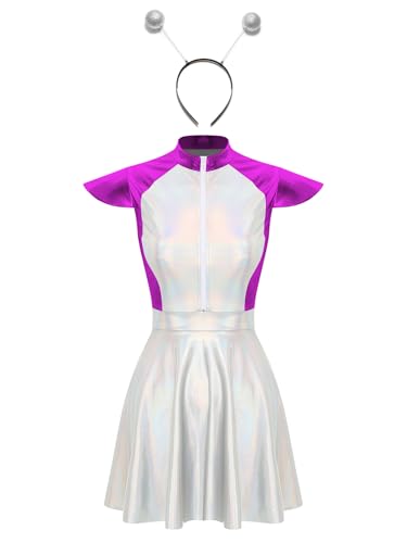 Hedmy Damen Alien Kostüm Space Girl Kleid Pailletten Tüll Rock mit Stirnband Fasching Karneval Cosplay Verkleidung Violett XXL von Hedmy